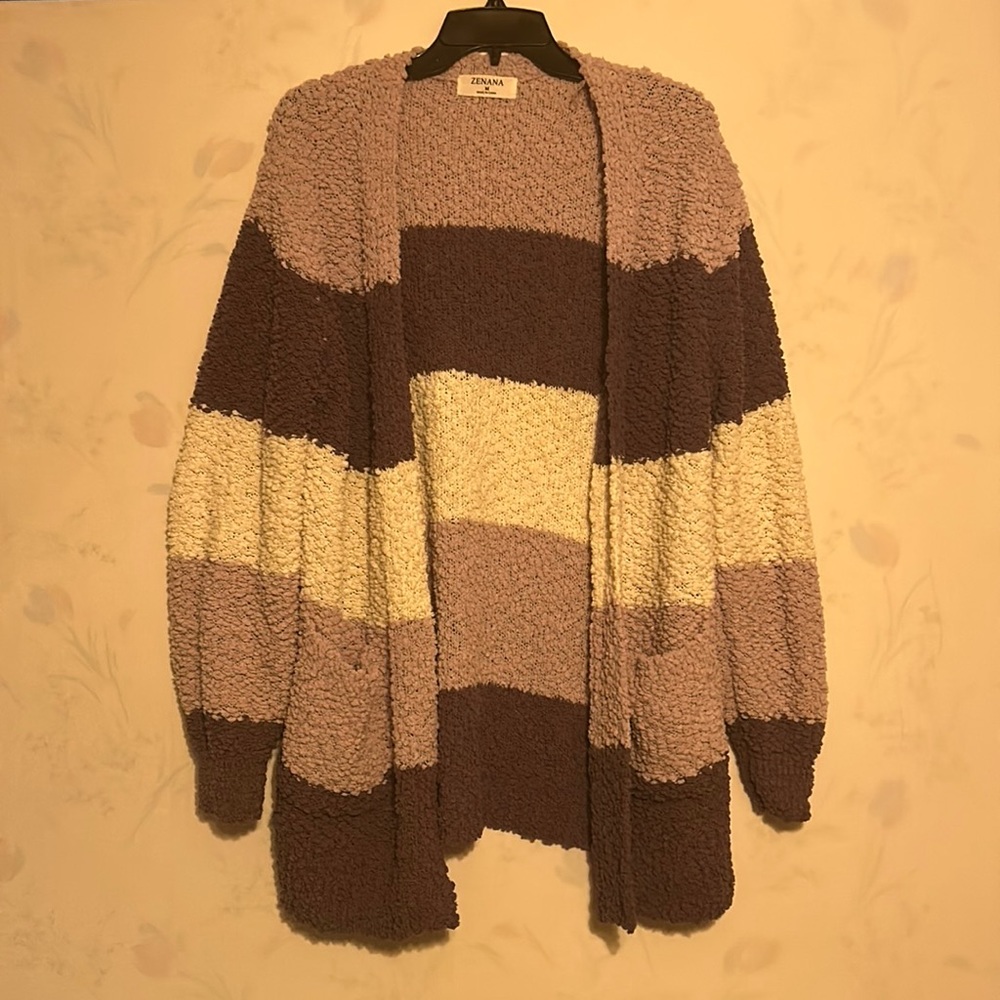 Zenana cardigan women’s size medium shades of purple with white